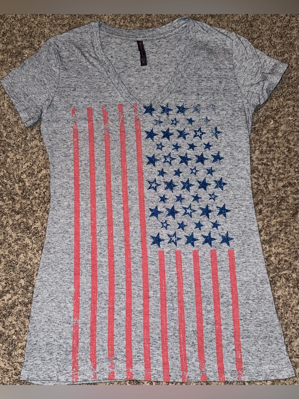 Hybrid Apparel Heather Gray V-Neck Tee with Red Stripes and Blue Stars